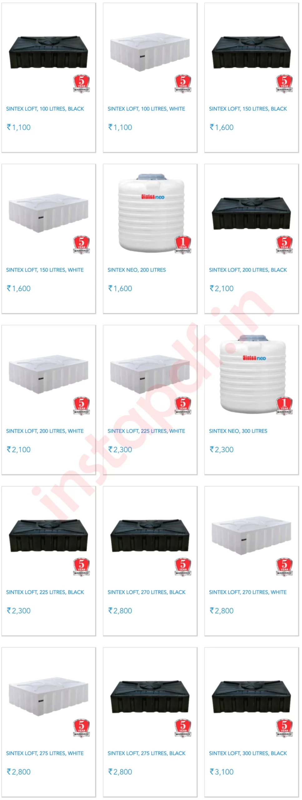 Sintex Water Tanks Price List 2024