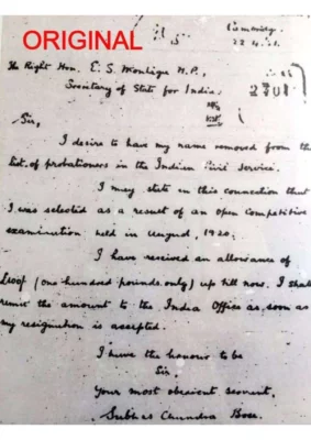 Netaji Subhash Chandra Bose's Resignation Letter from Civil Services