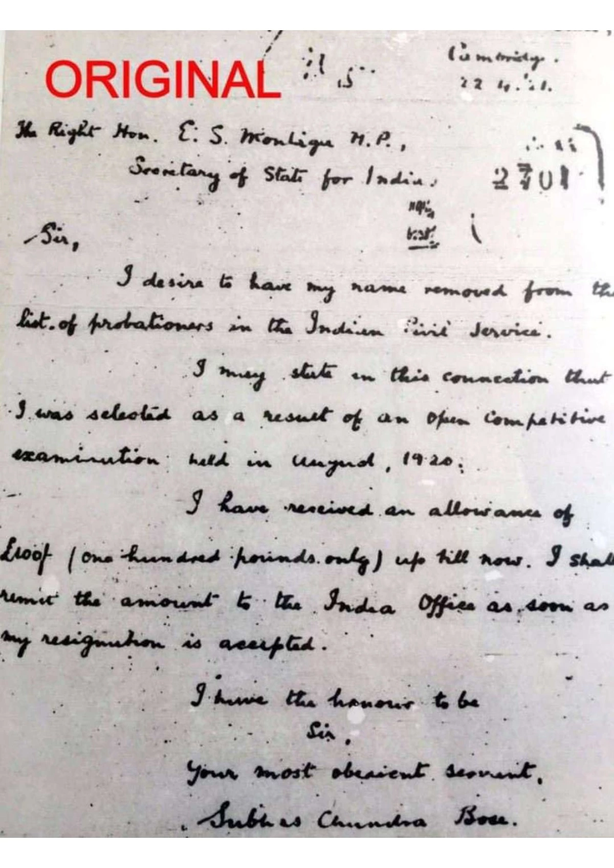 Netaji Subhash Chandra Bose's Resignation Letter from Civil Services