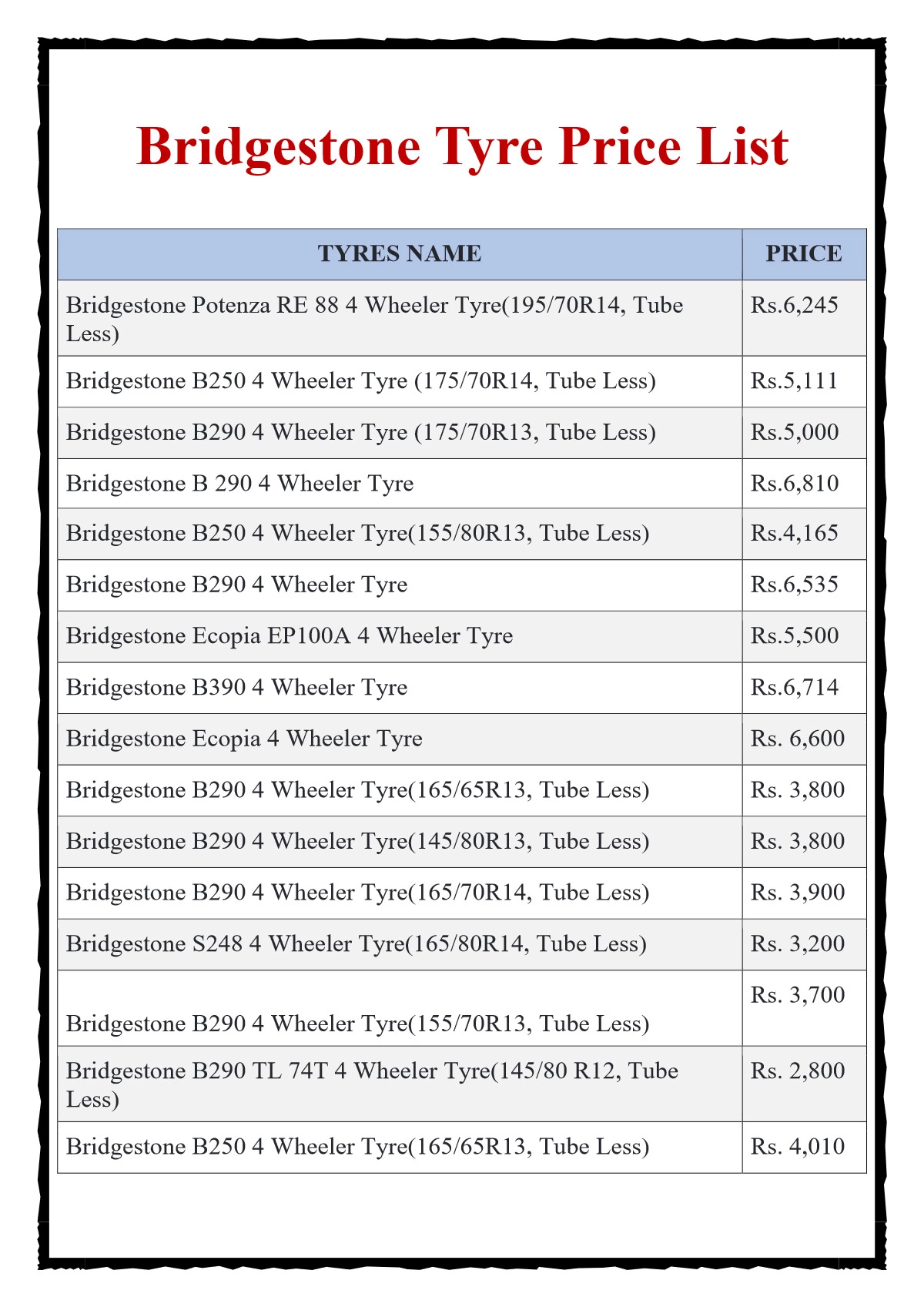 Bridgestone Tyre Price List