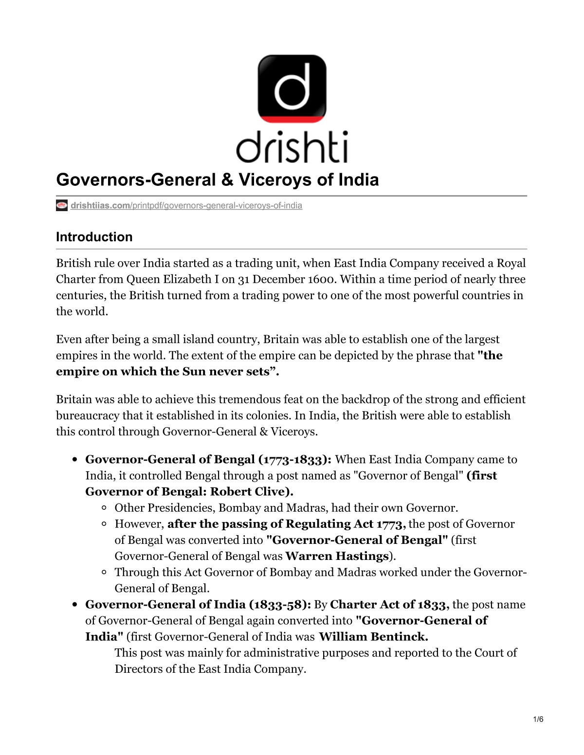 Indian Governor General List