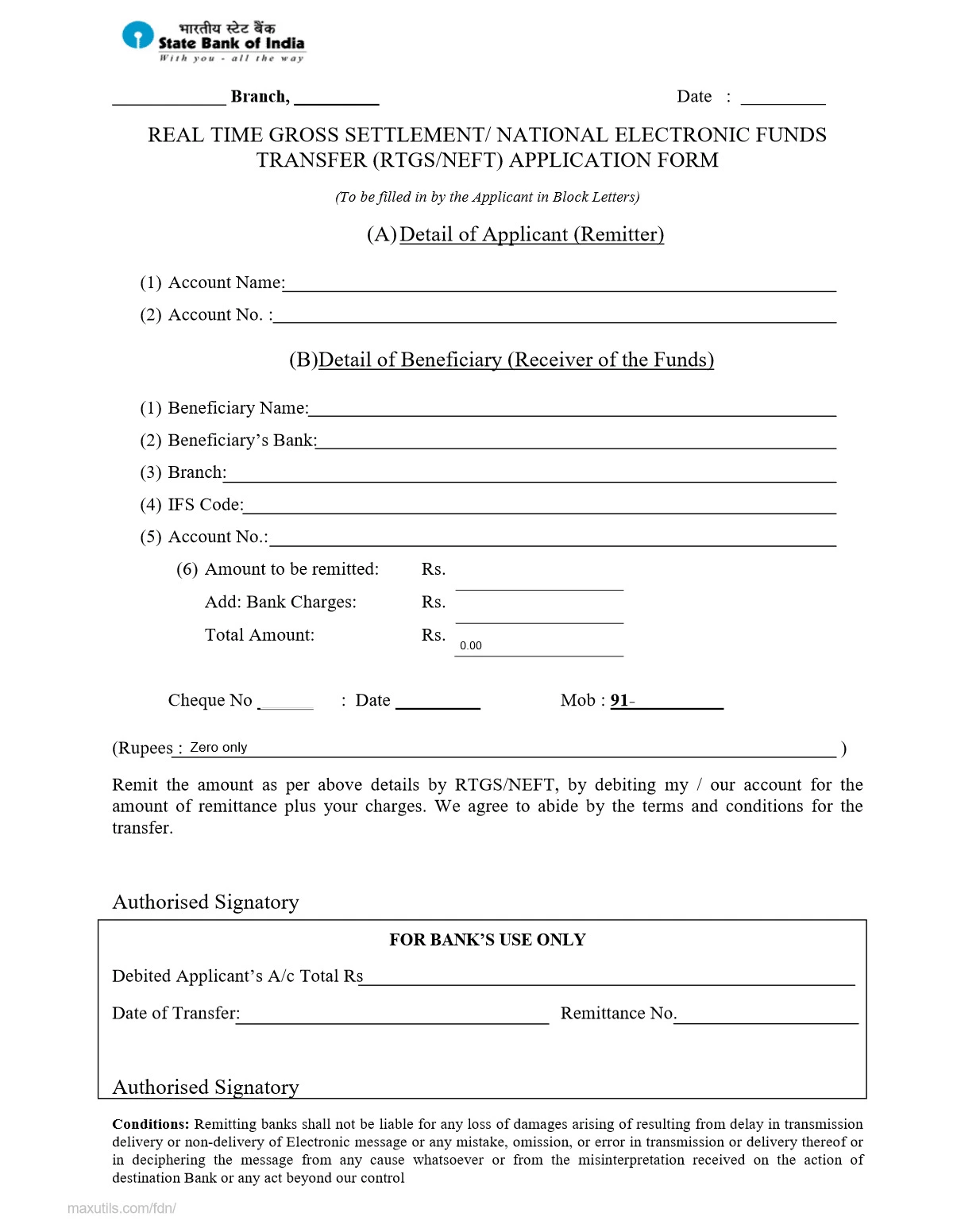 SBI RTGS Form