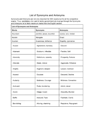 Synonyms and Antonyms List from A to Z