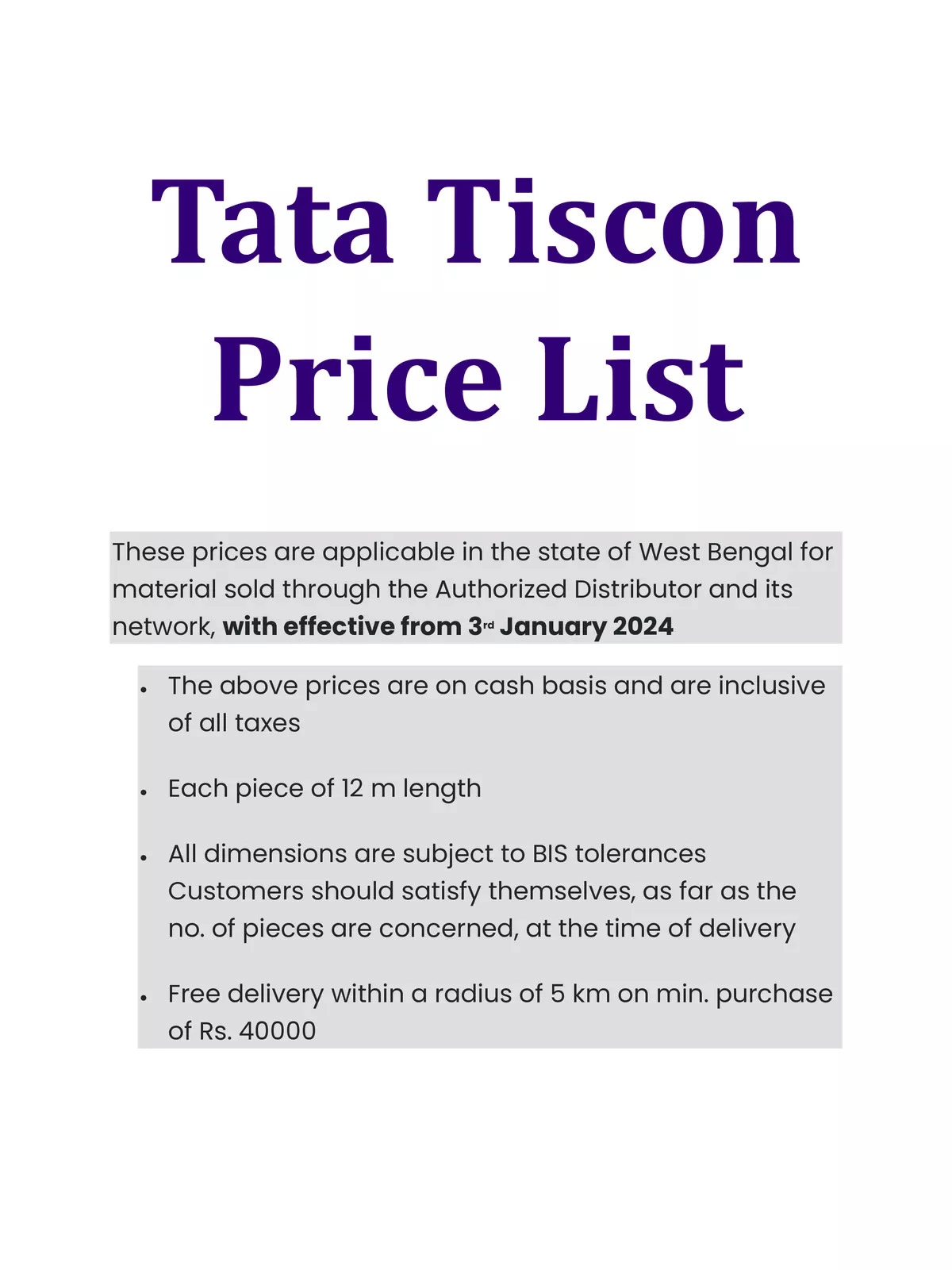 Tata Tiscon Price List