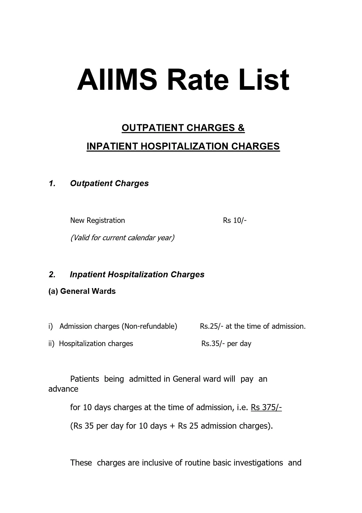 AIIMS Rate List for Hospitalization Charges