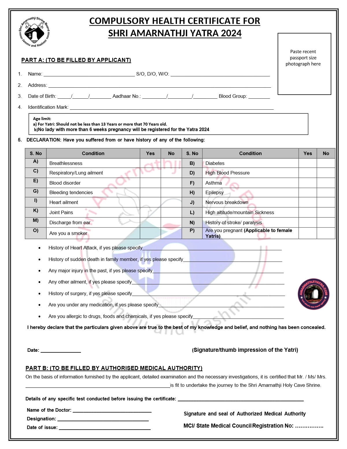 Amarnath Yatra Medical Form 2024