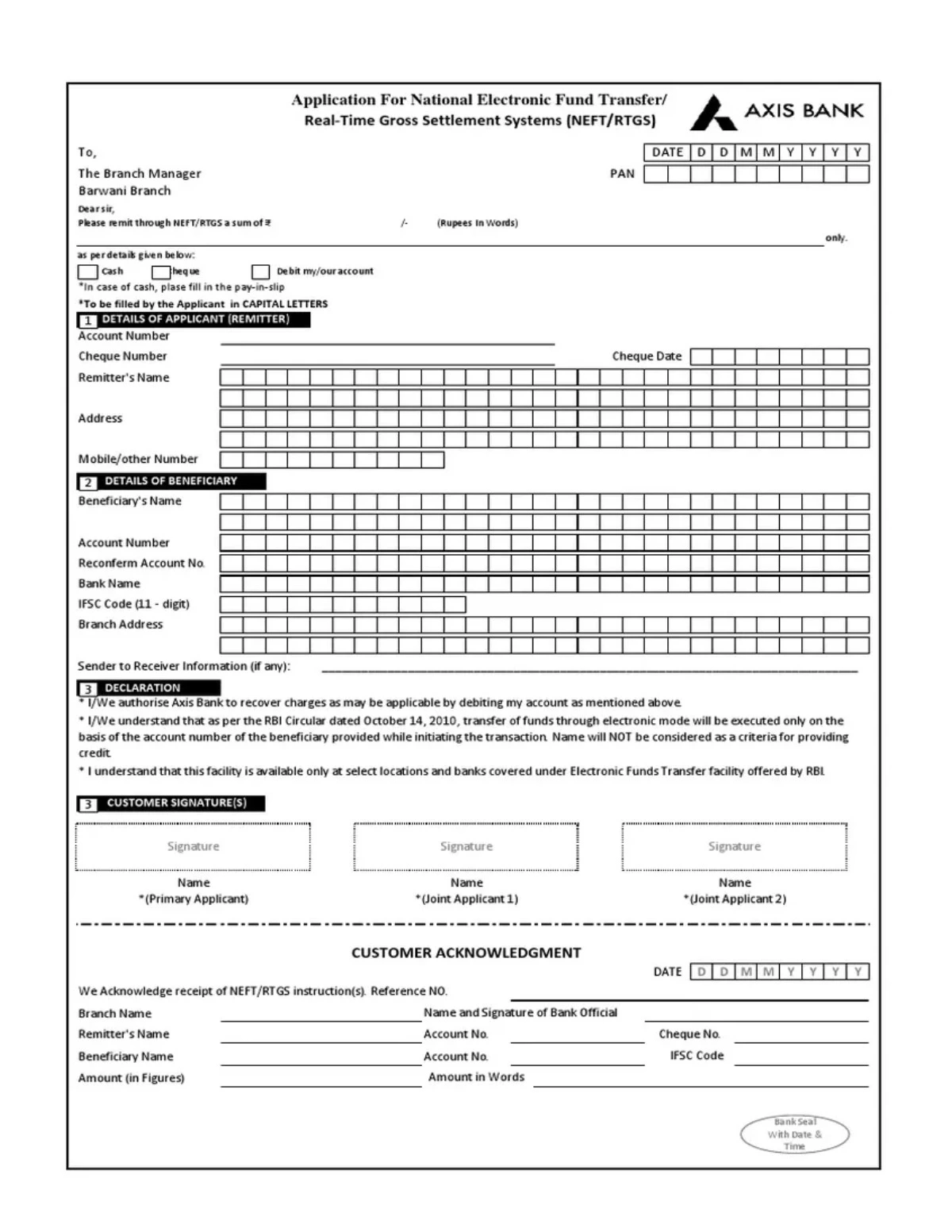 Axis Bank RTGS Form 2025 - 1PDF