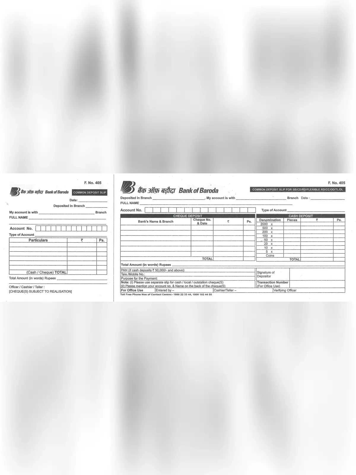 Bank of Baroda Cash/Cheque Deposit Slip