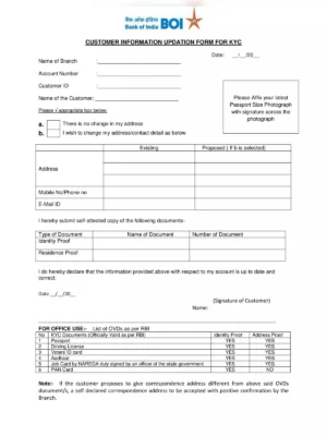 Bank of India KYC Form