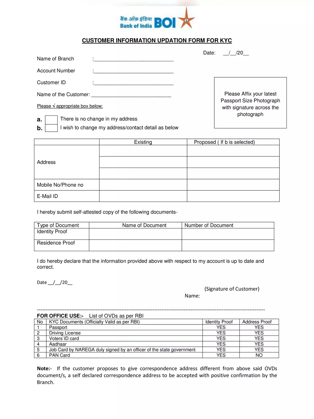 Bank of India KYC Form