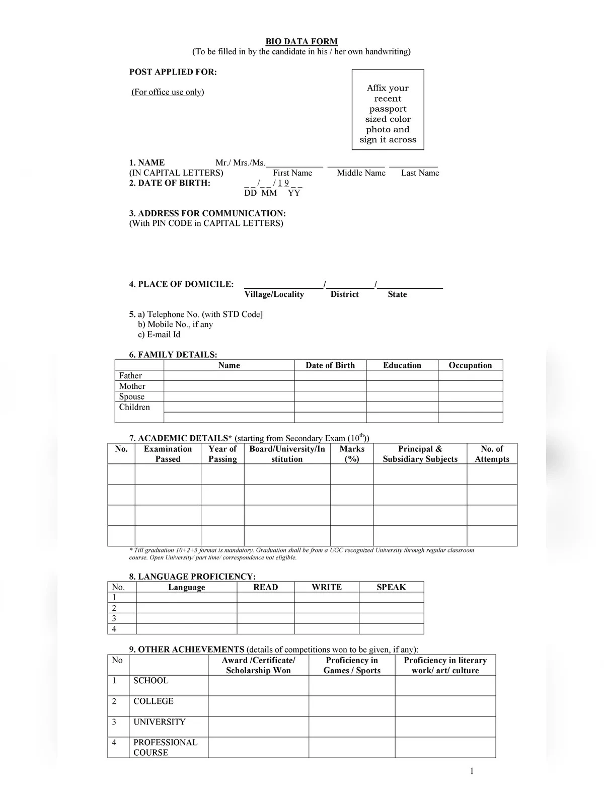 Bio Data Form