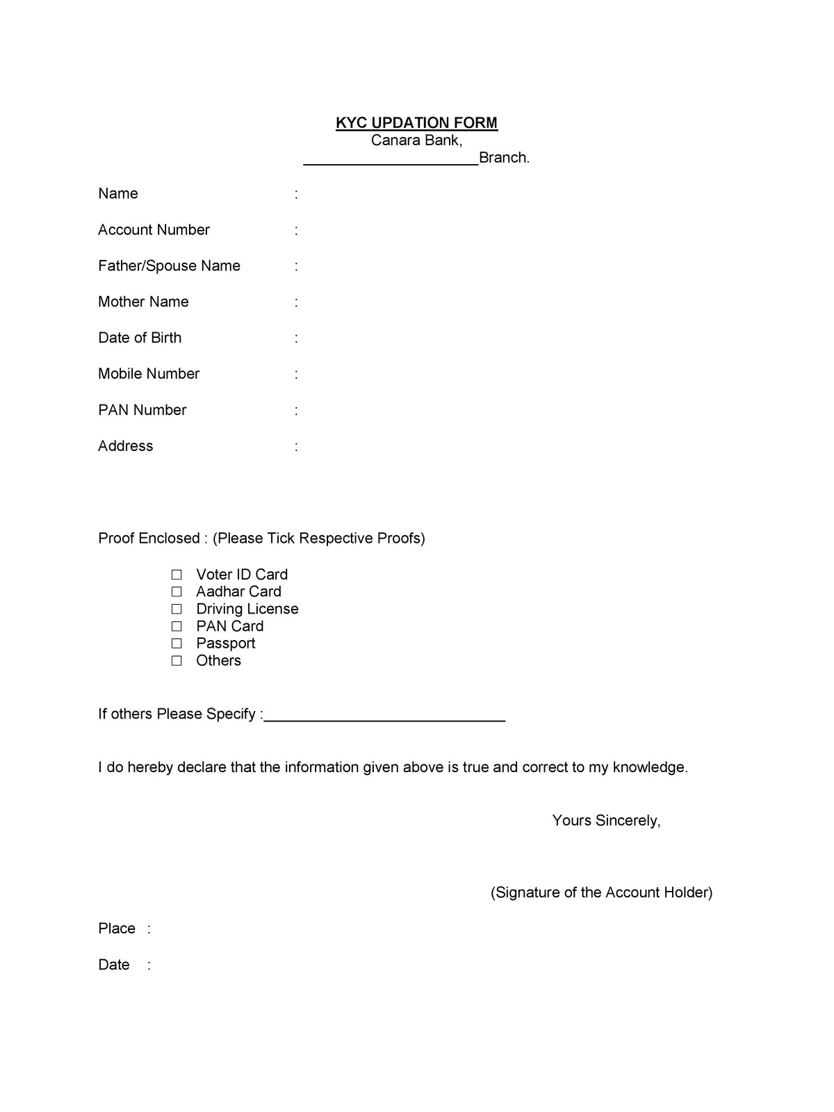 Canara Bank KYC Form