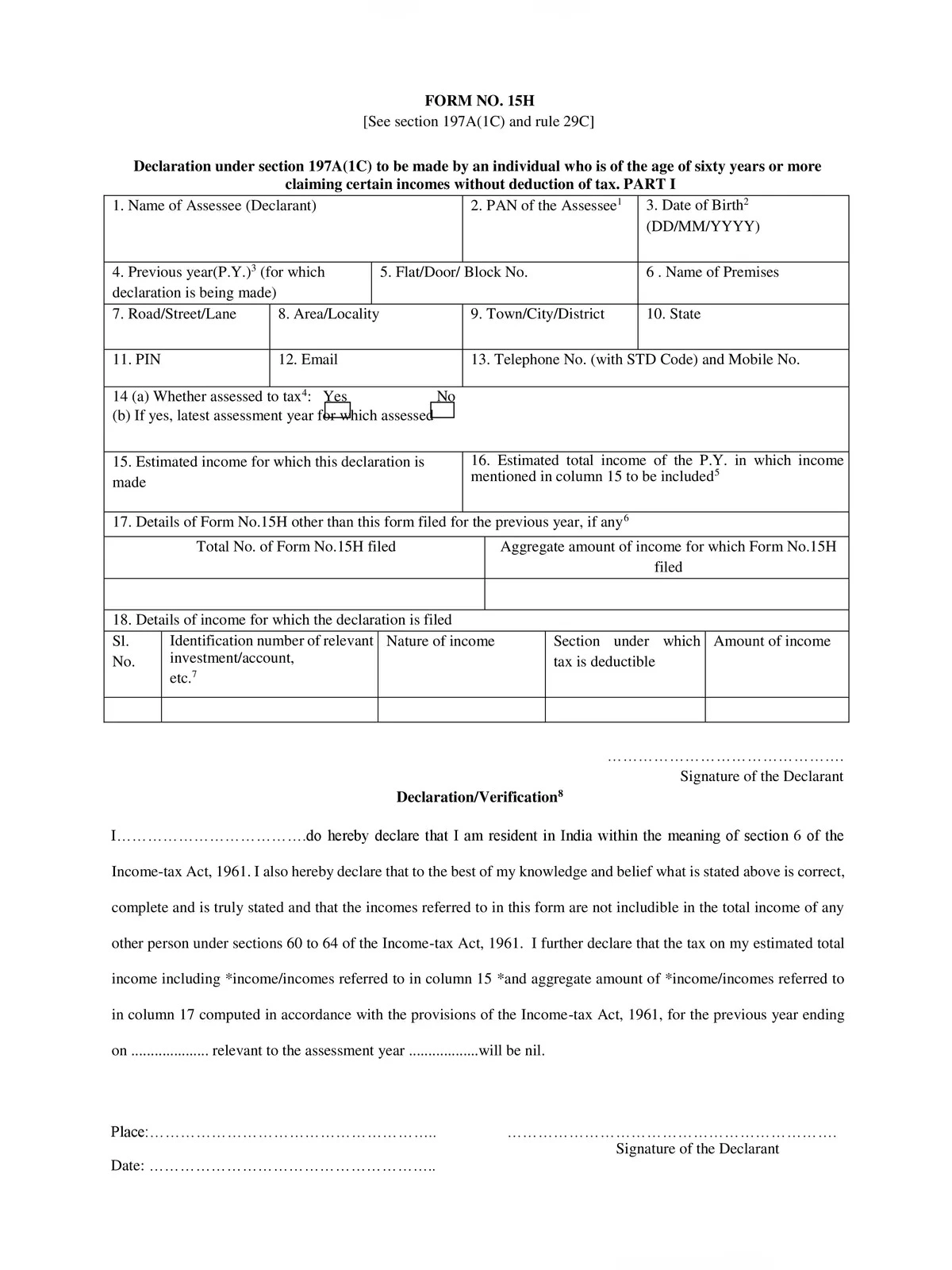 Form 15H For PF Withdrawal