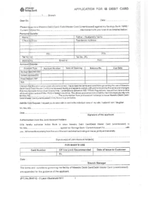 Indian Bank ATM Card Application Form