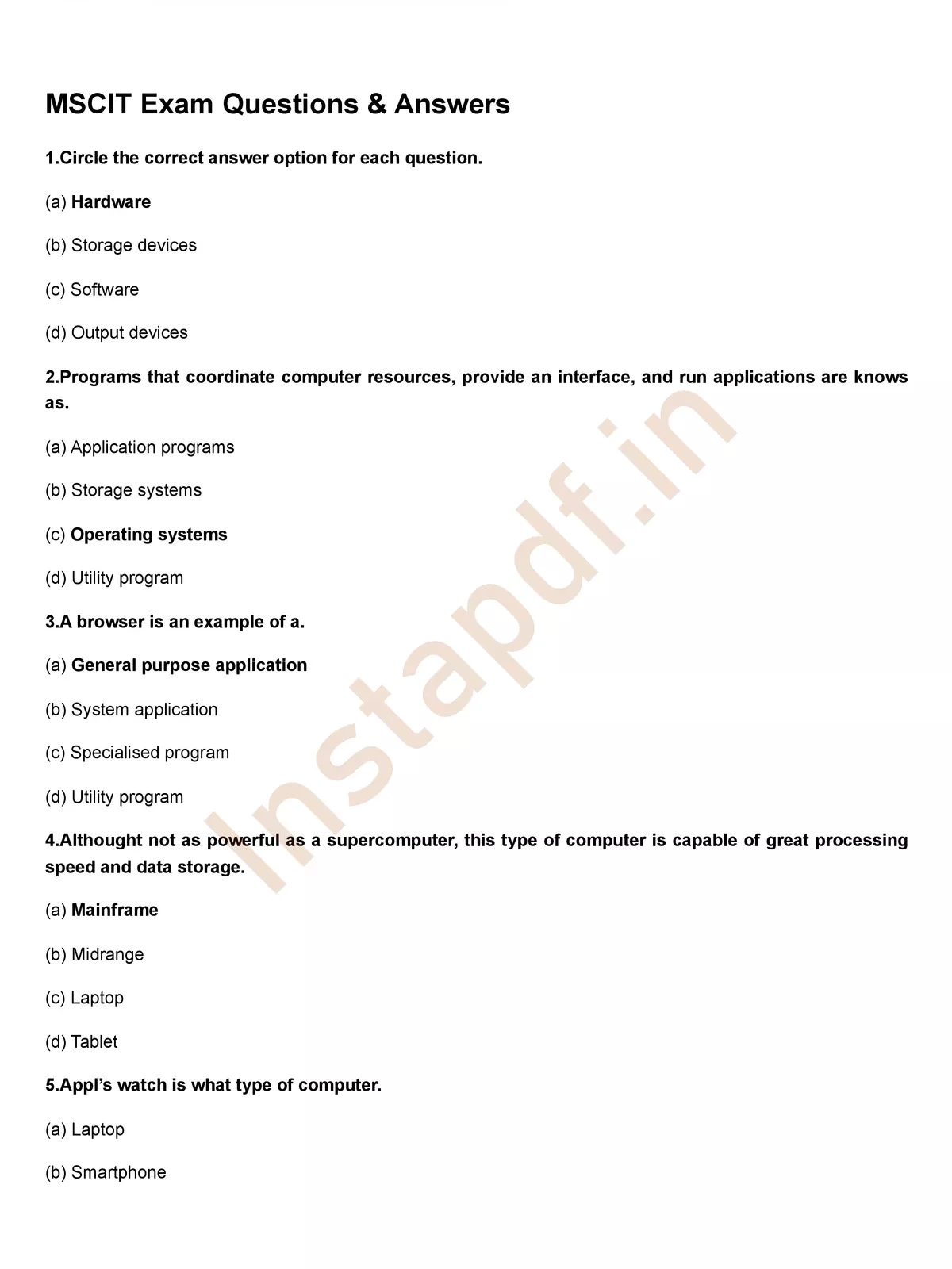 MSCIT Exam Questions Answers