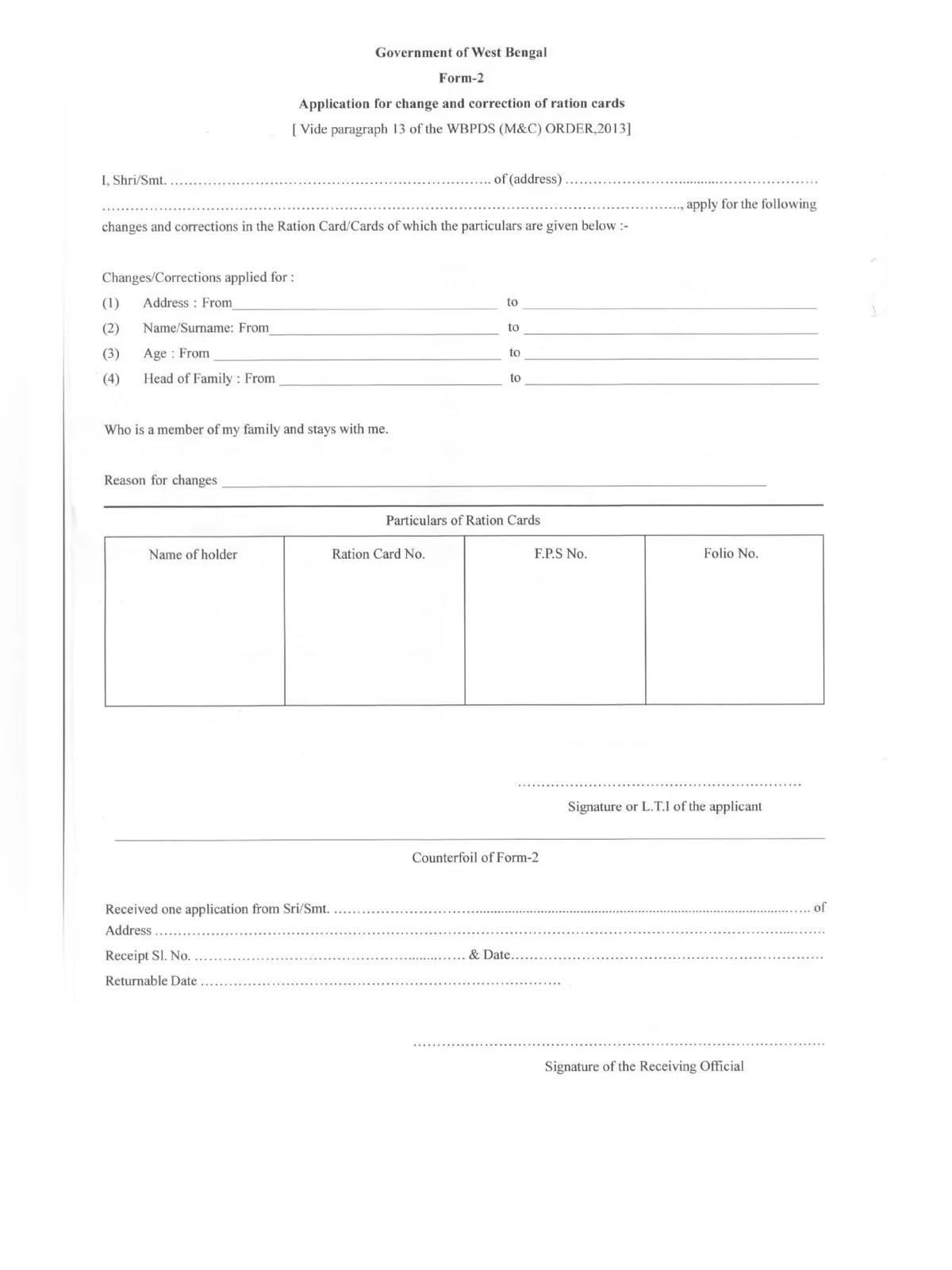 Ration Card Form 2 West Bengal