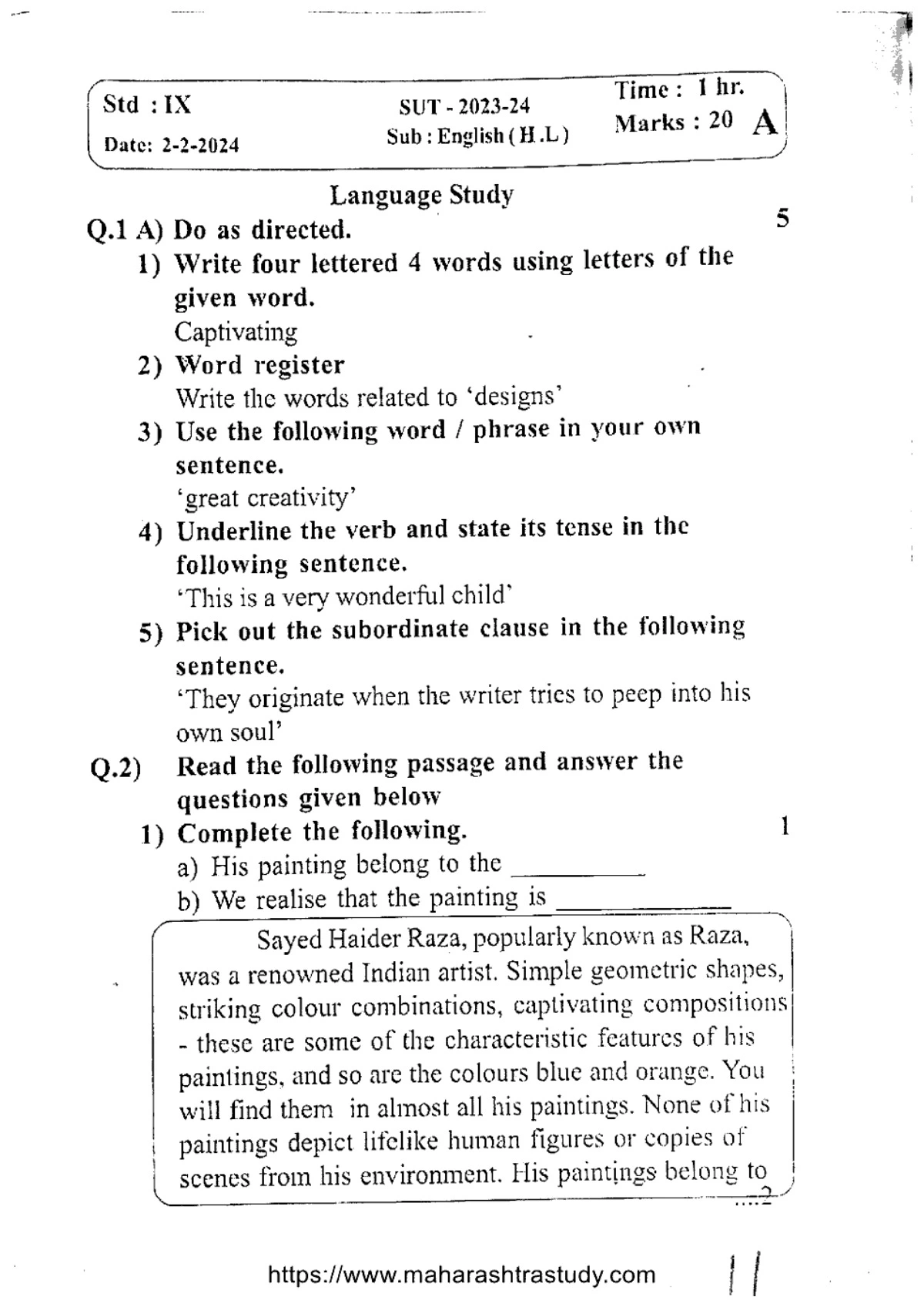 Maharashtra Board Sample Question Paper for Class 9