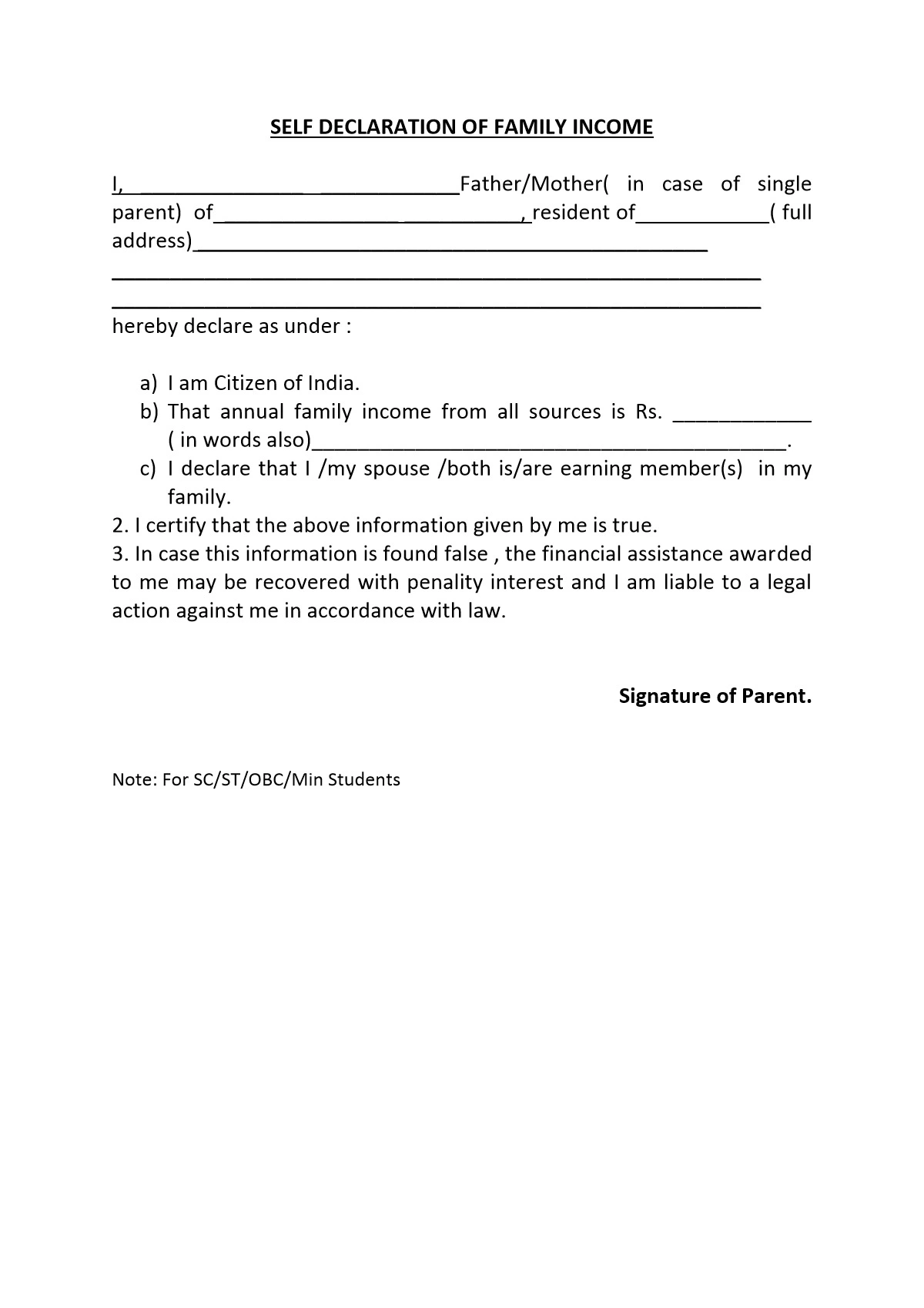 Self Declaration Form for Income Certificate