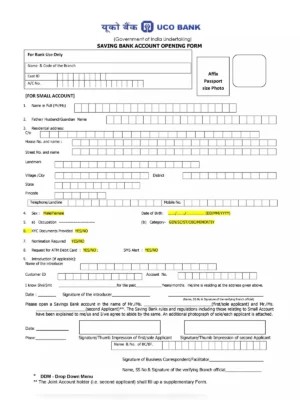 UCO Bank Saving Account Opening Application Form