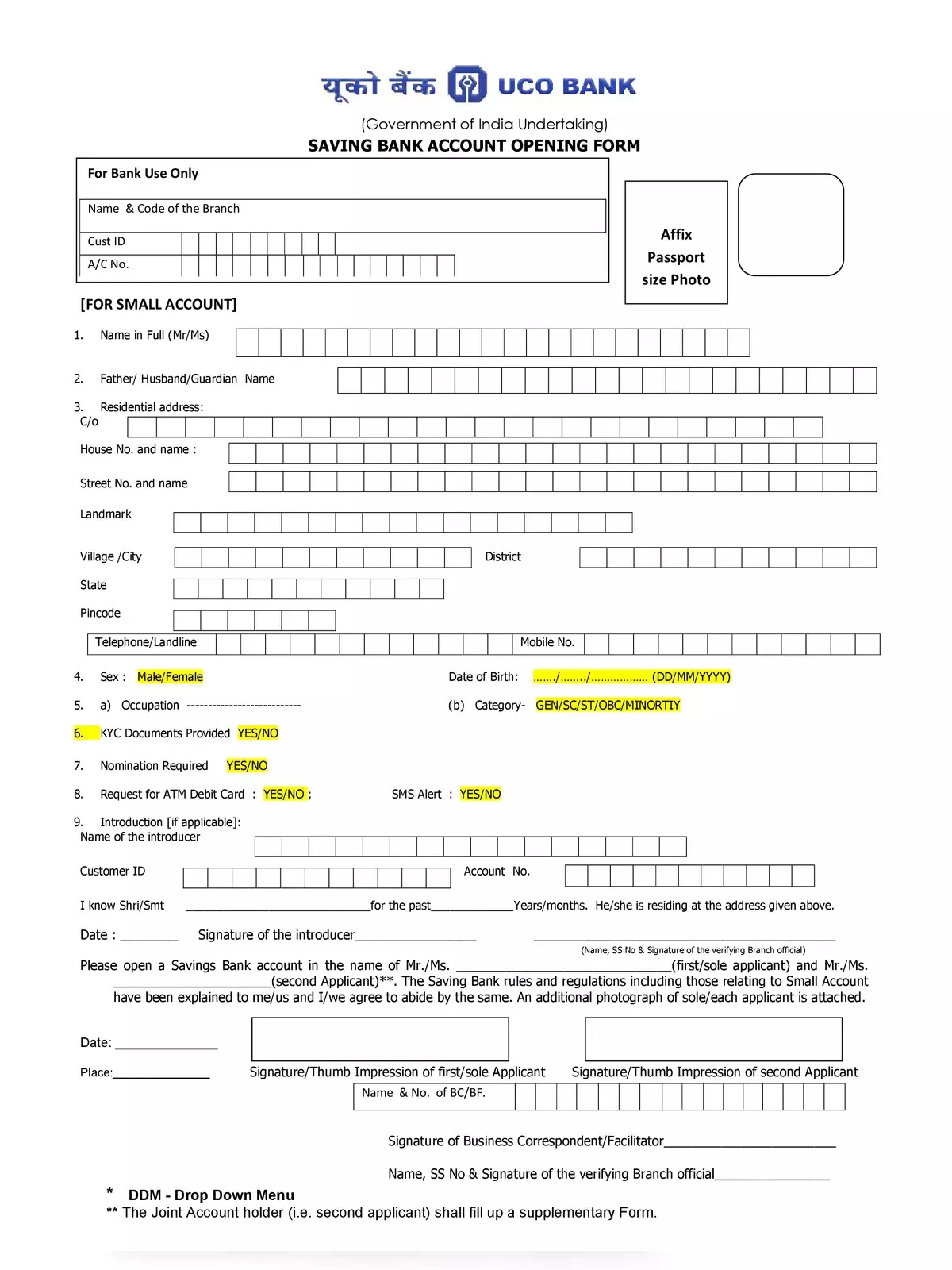 UCO Bank Saving Account Opening Application Form