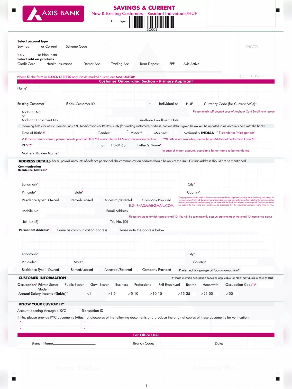 Axis Bank Account Opening Form