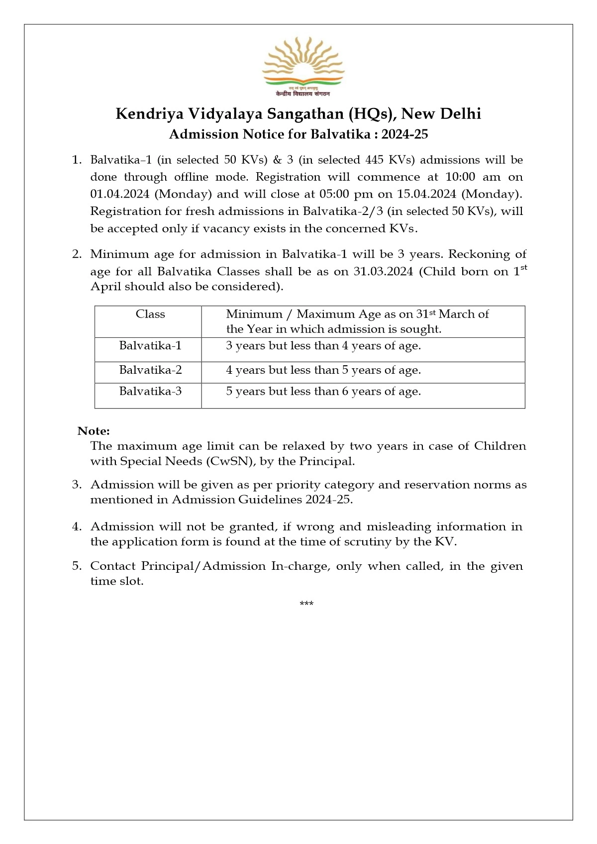 KVS Bal Vatika Admission Form 2024-25