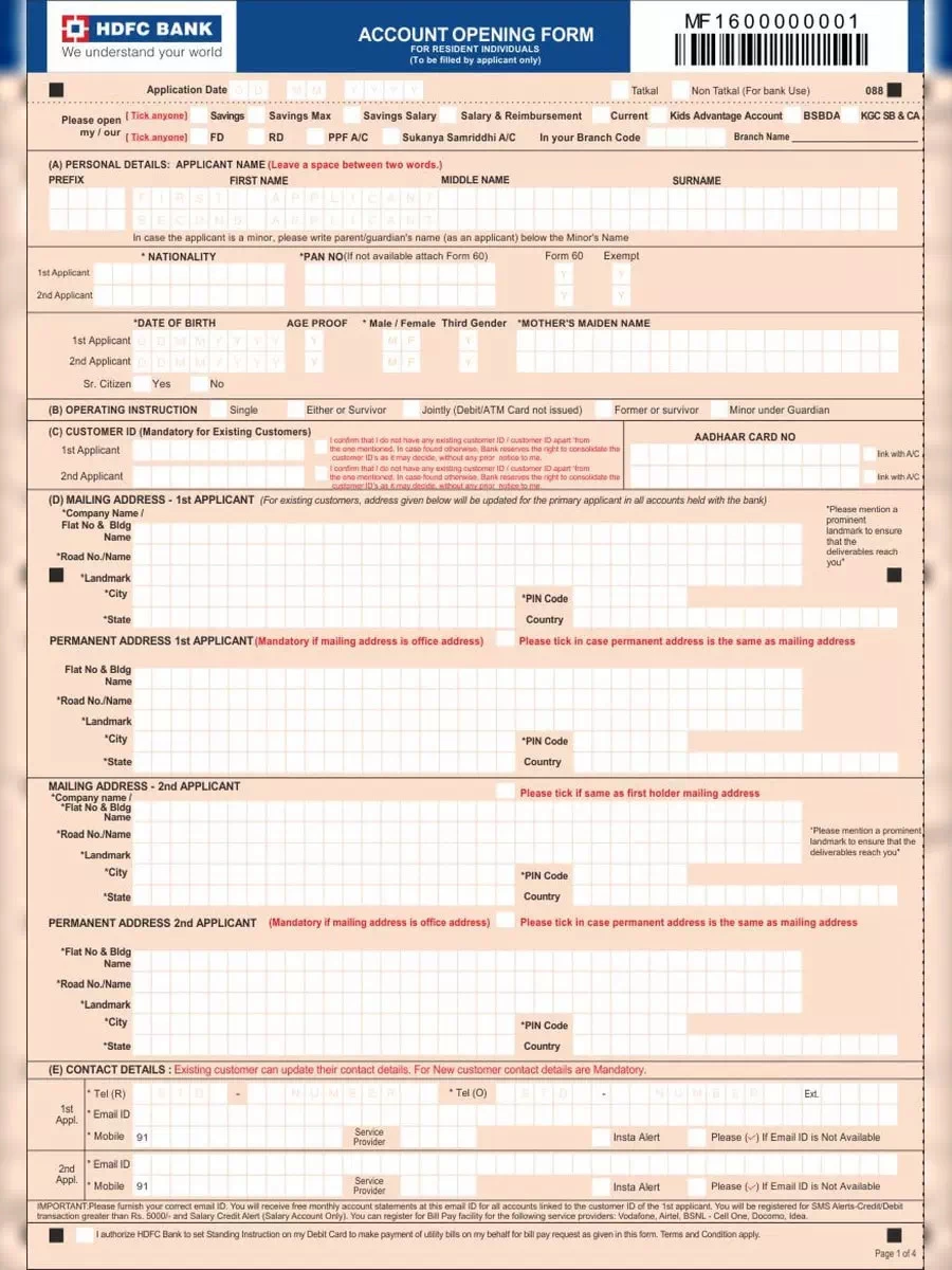 HFDC Bank Account Opening Form for Individuals