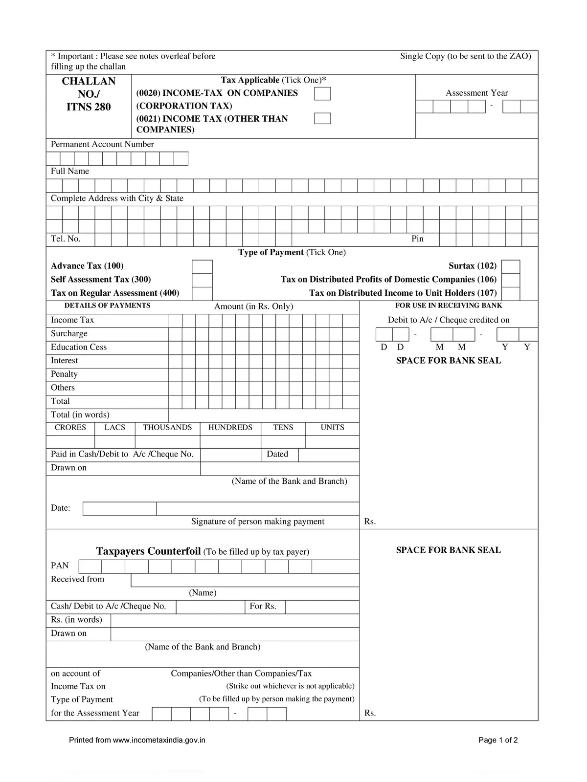 Advance Tax Income Tax Challan Form 280