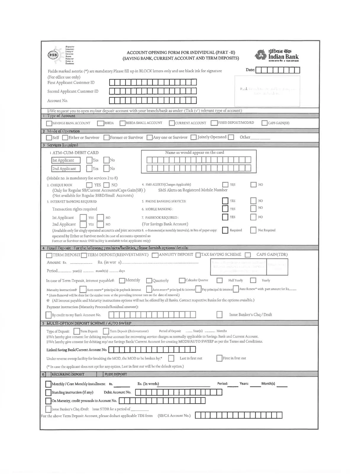 Indian Bank Account Opening Form