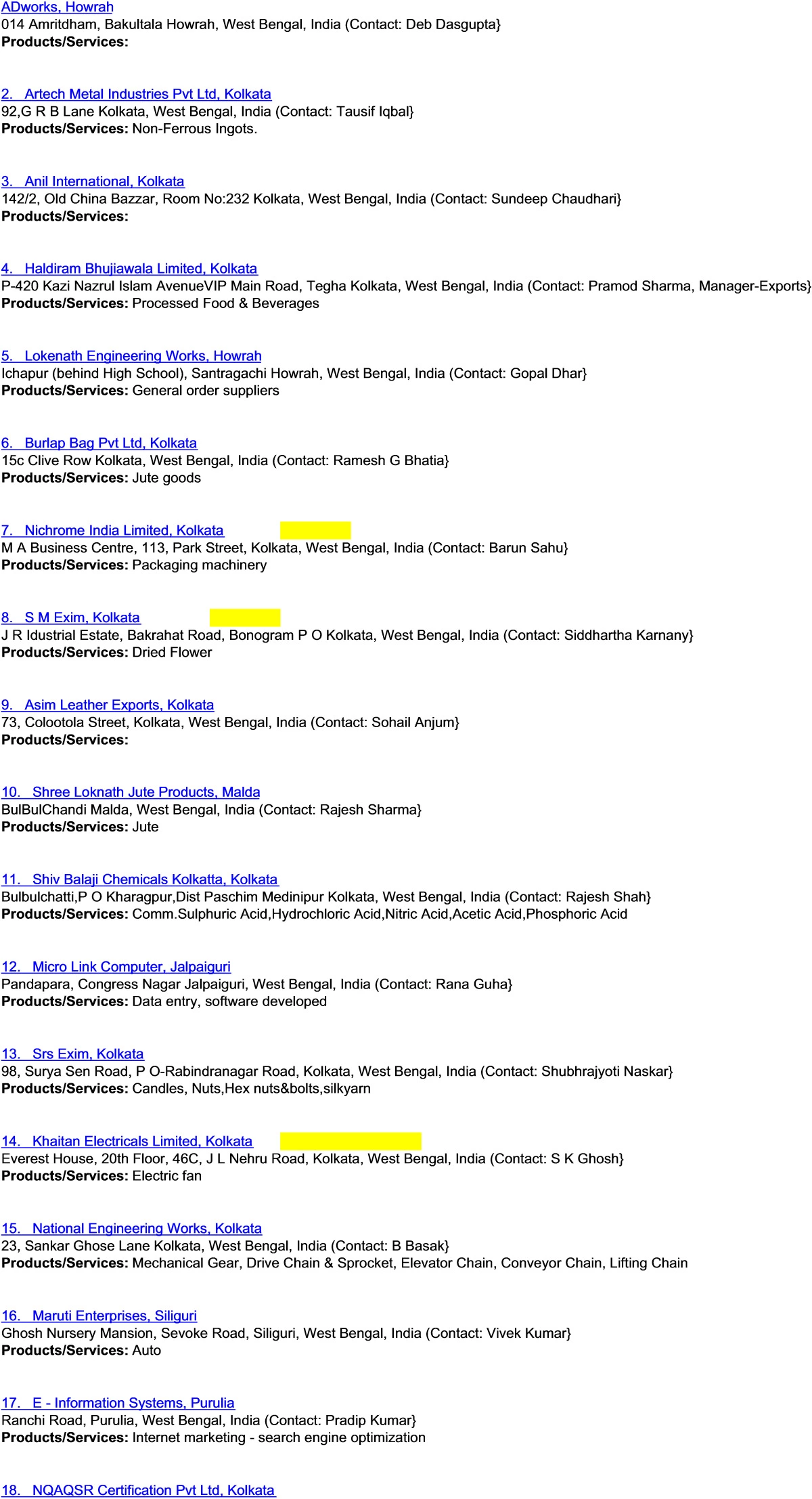 Kolkata Companies List with Address