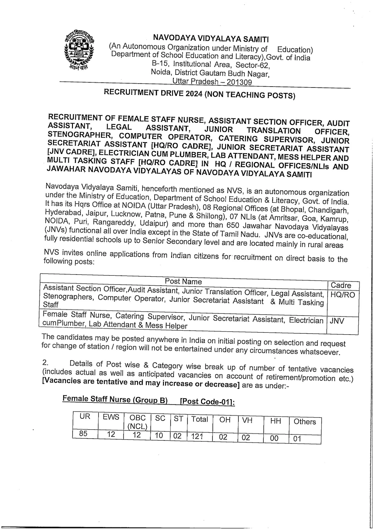 NVS Recruitment 2024 Notificaion for 1377 Non Teaching Staff