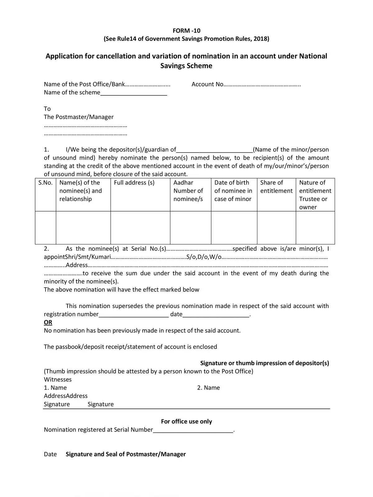 Post Office Change of Nomination Form