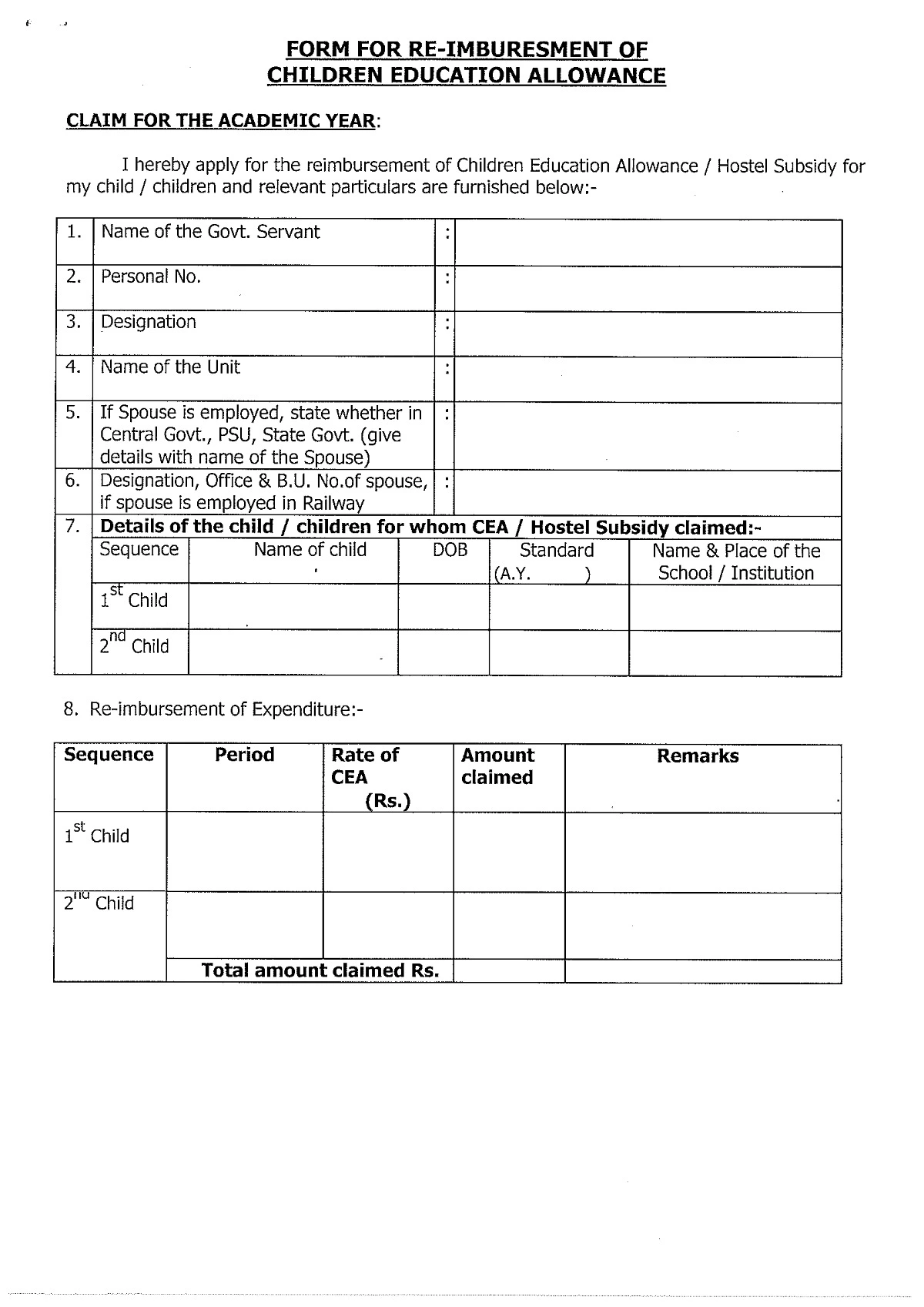 Tuition Fee Reimbursement Fform for Central Government Employees