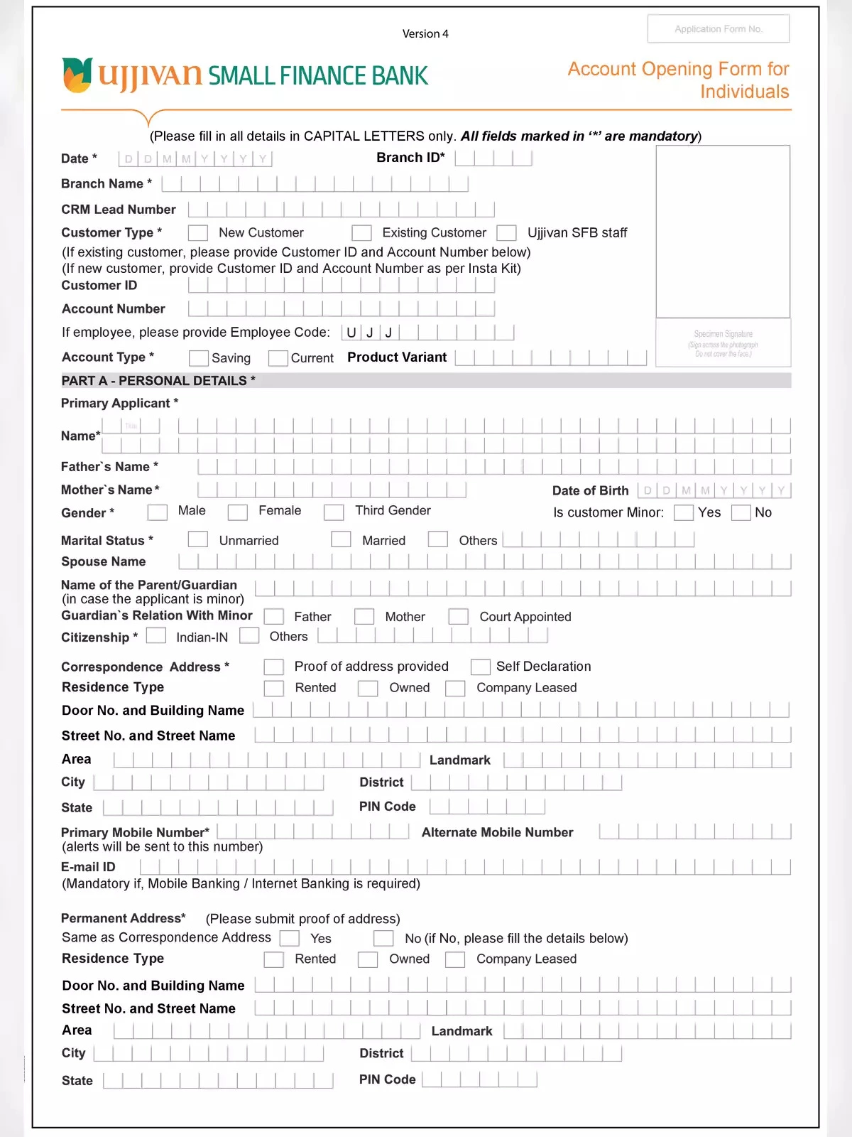 Ujjivan Bank Account Opening Form