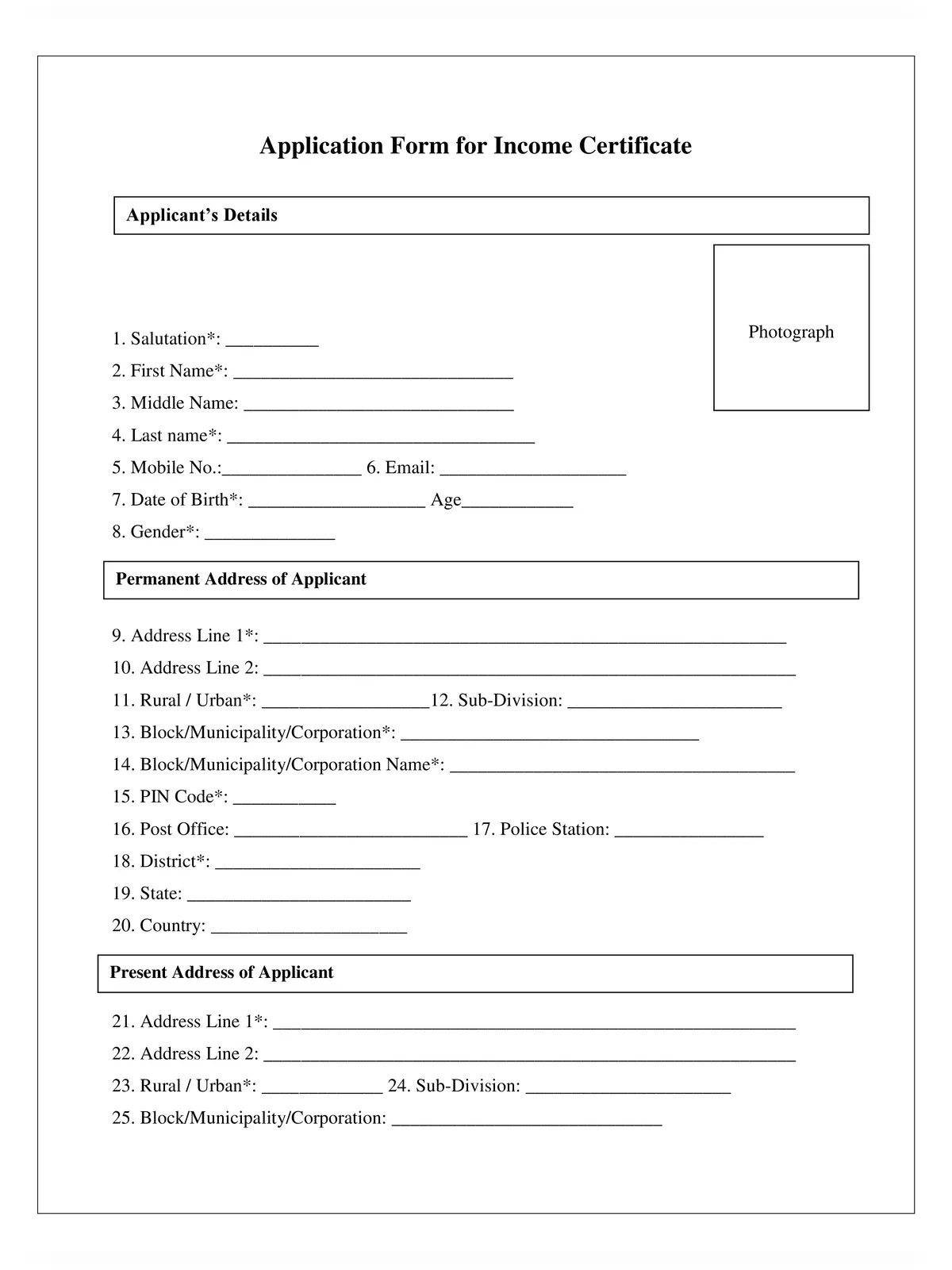 West Bengal Income Certificate Application Form