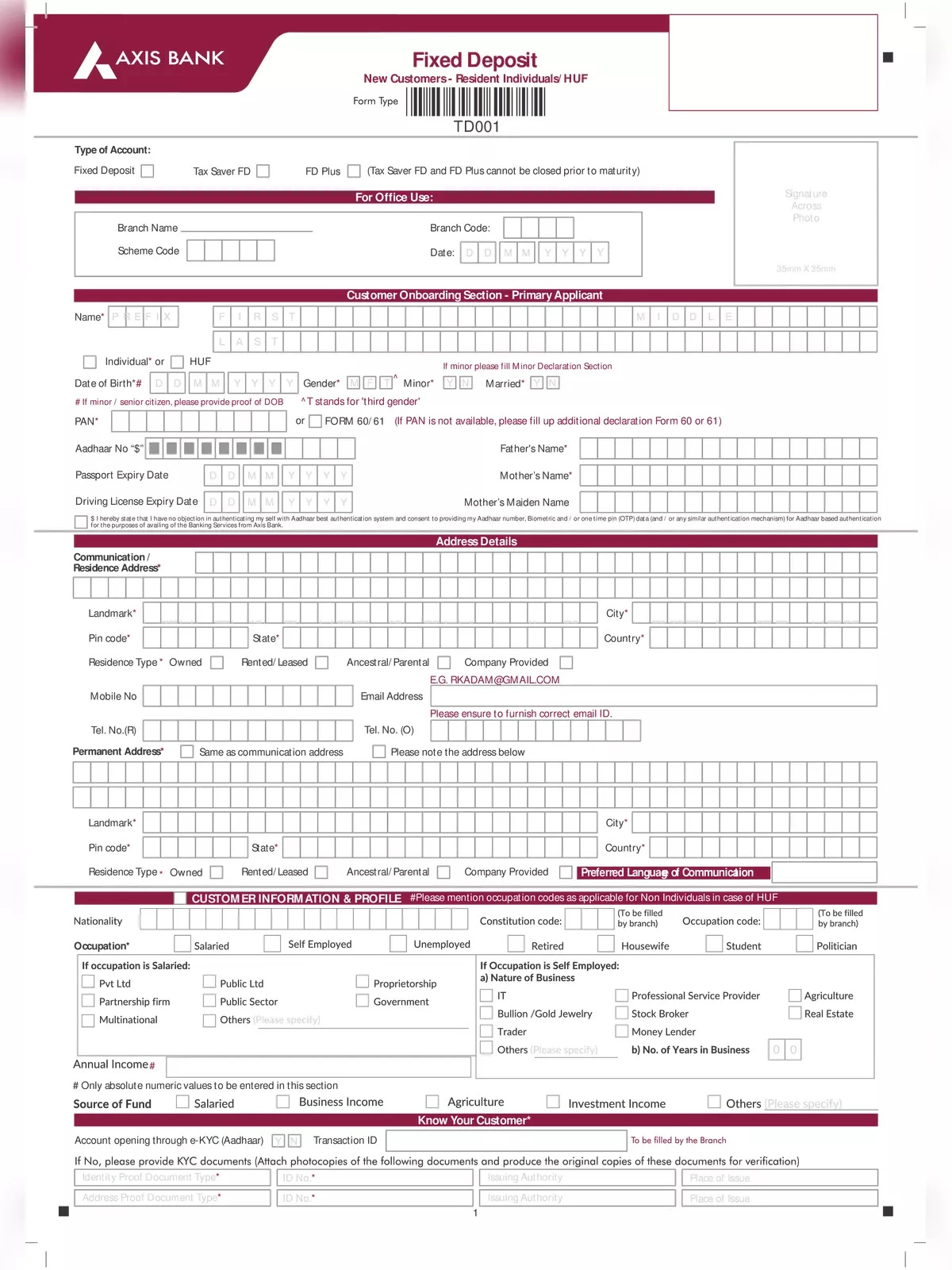 Axis Bank FD Fixed Deposit Form 1PDF
