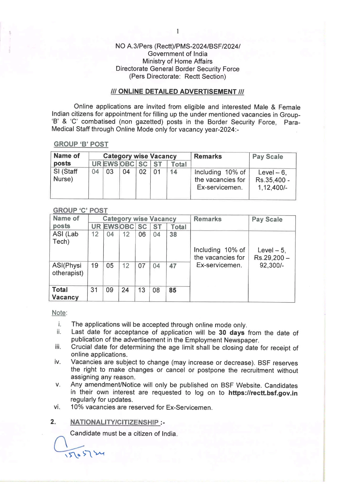 BSF Recruitment 2024 Notification for 141 Posts