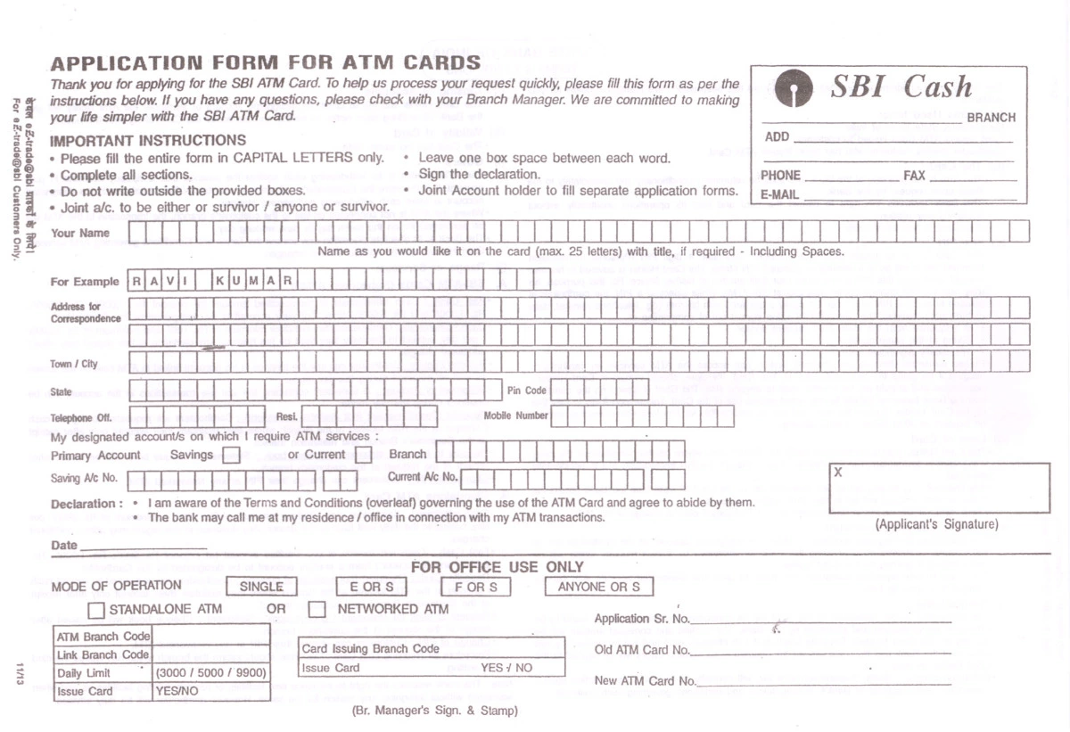 SBI ATM Card Application Form