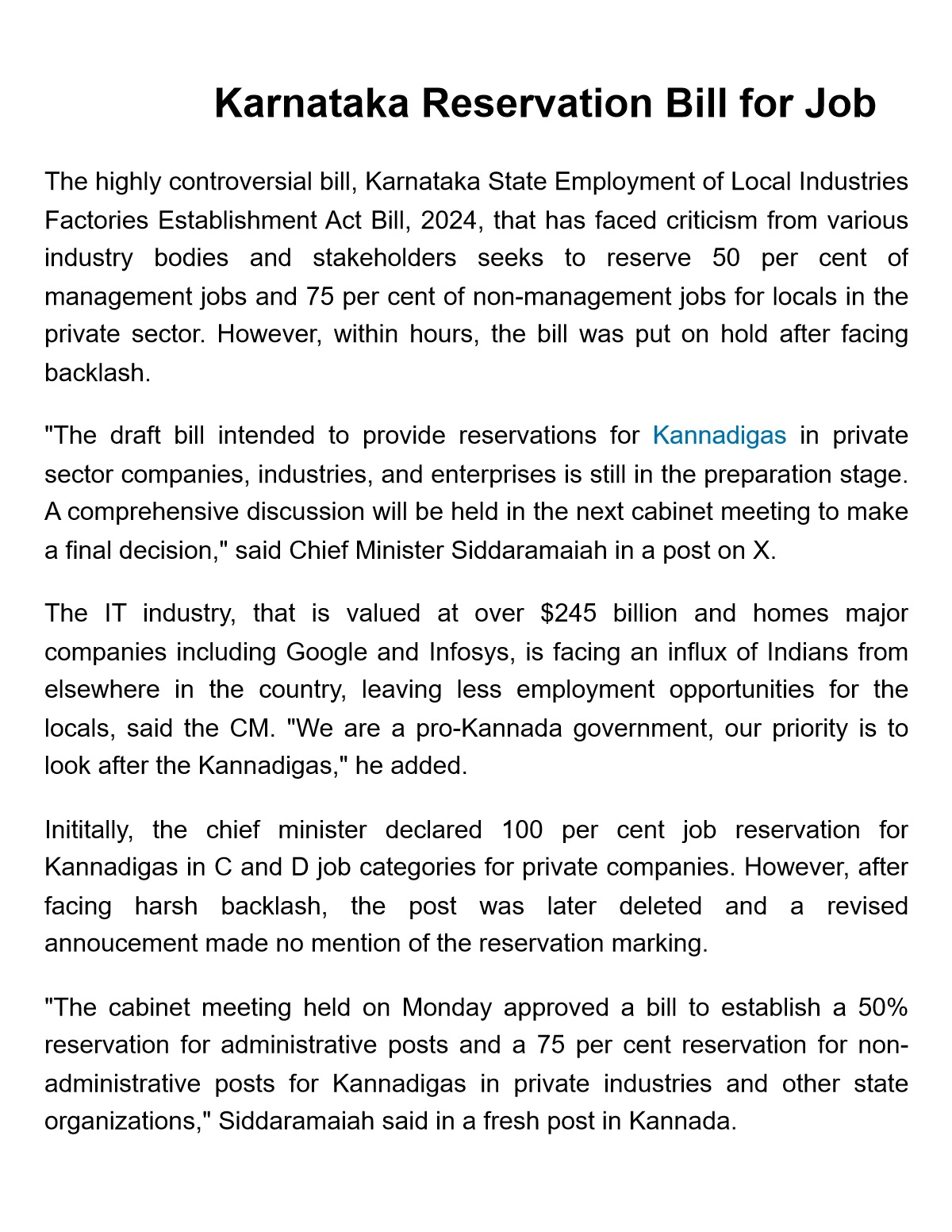 Karnataka Reservation Bill for Job in Private Sector