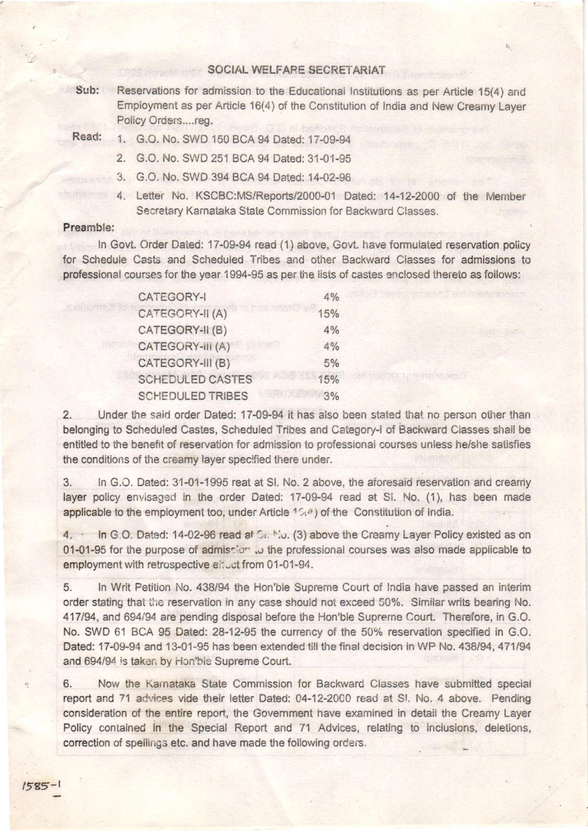 Karnataka Reservation Category List 2024