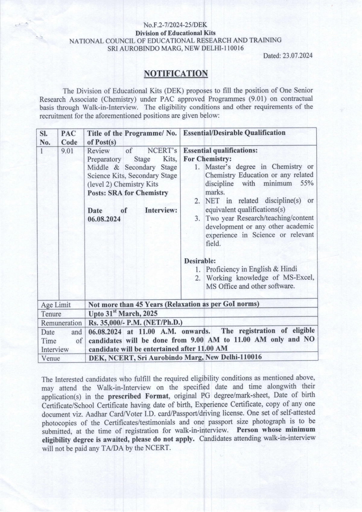 NCERT Recruitment 2024 Notification