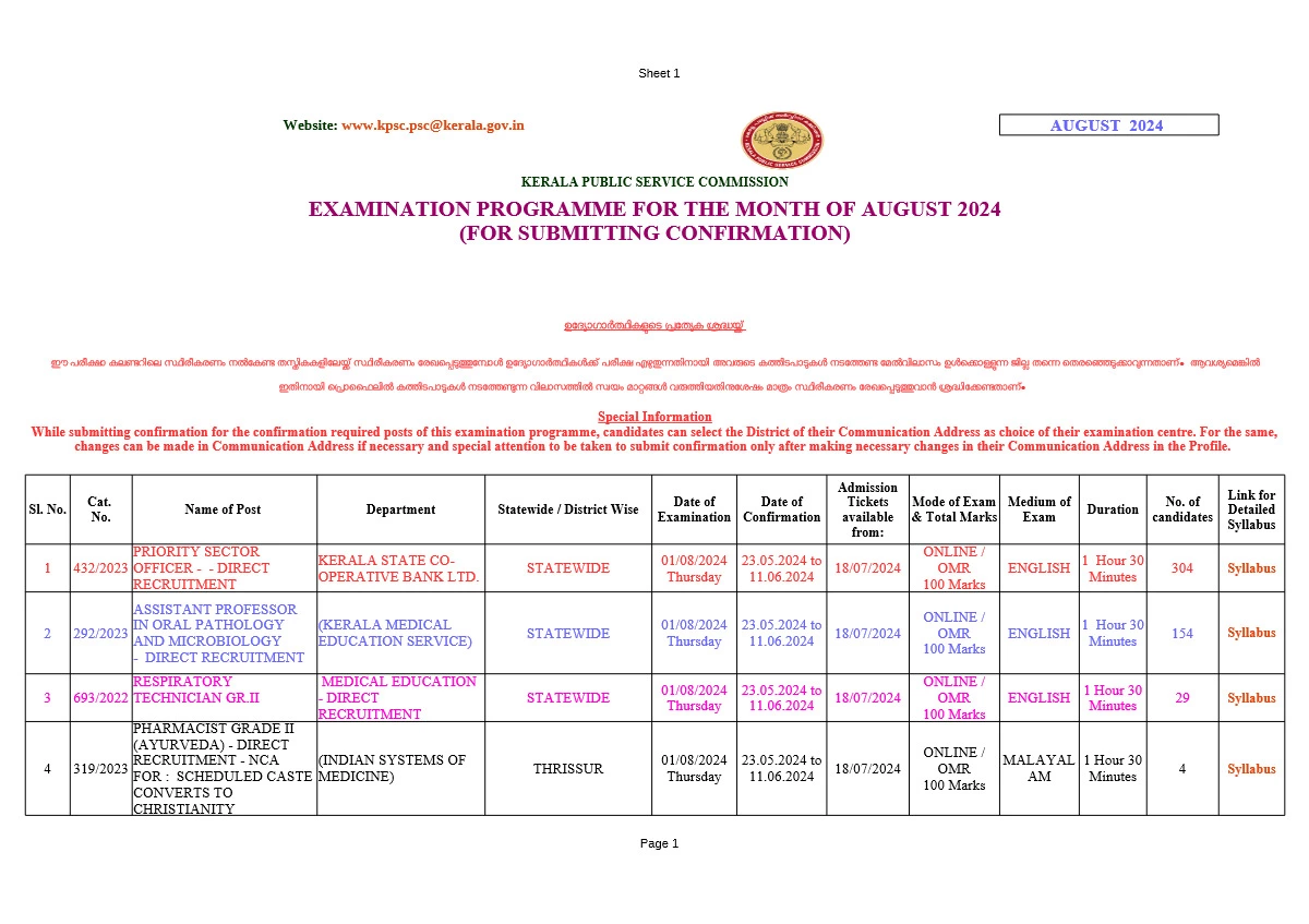 Kerala PSC Exam Calendar 2024 - 1PDF