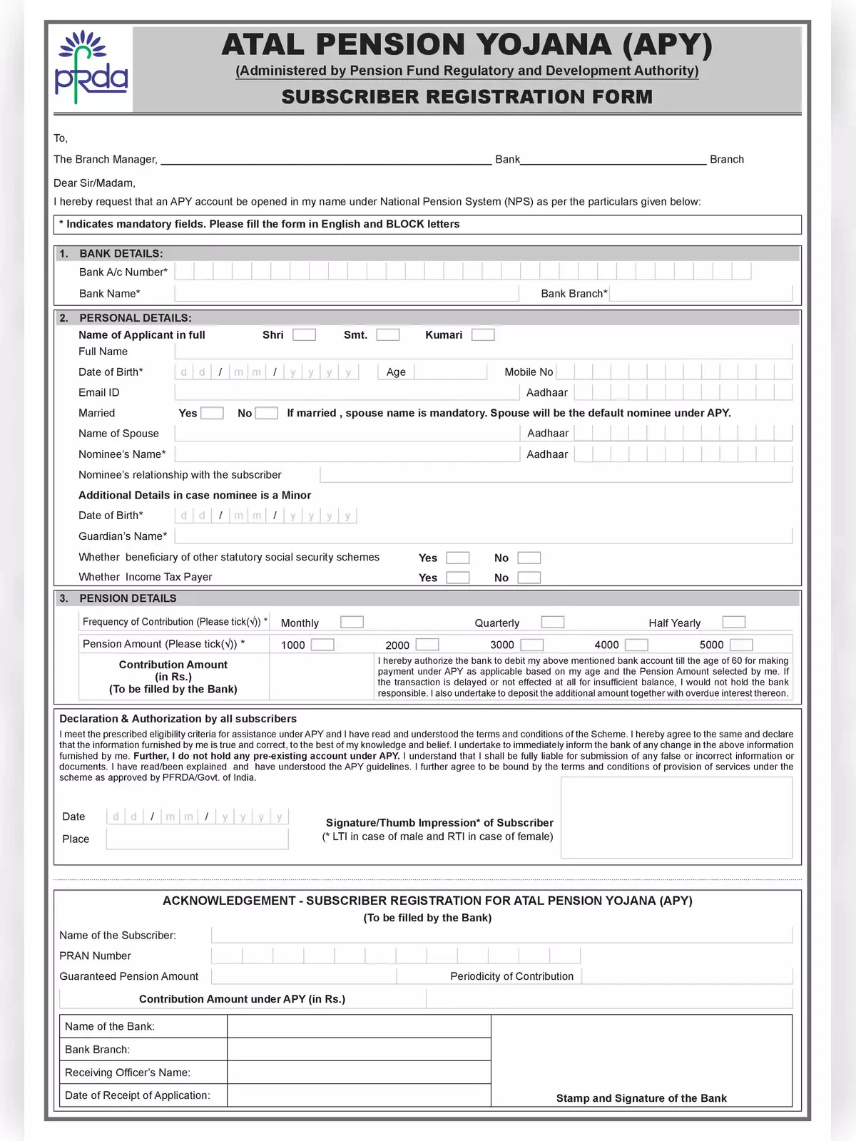 Atal Pension Yojana (APY) Form