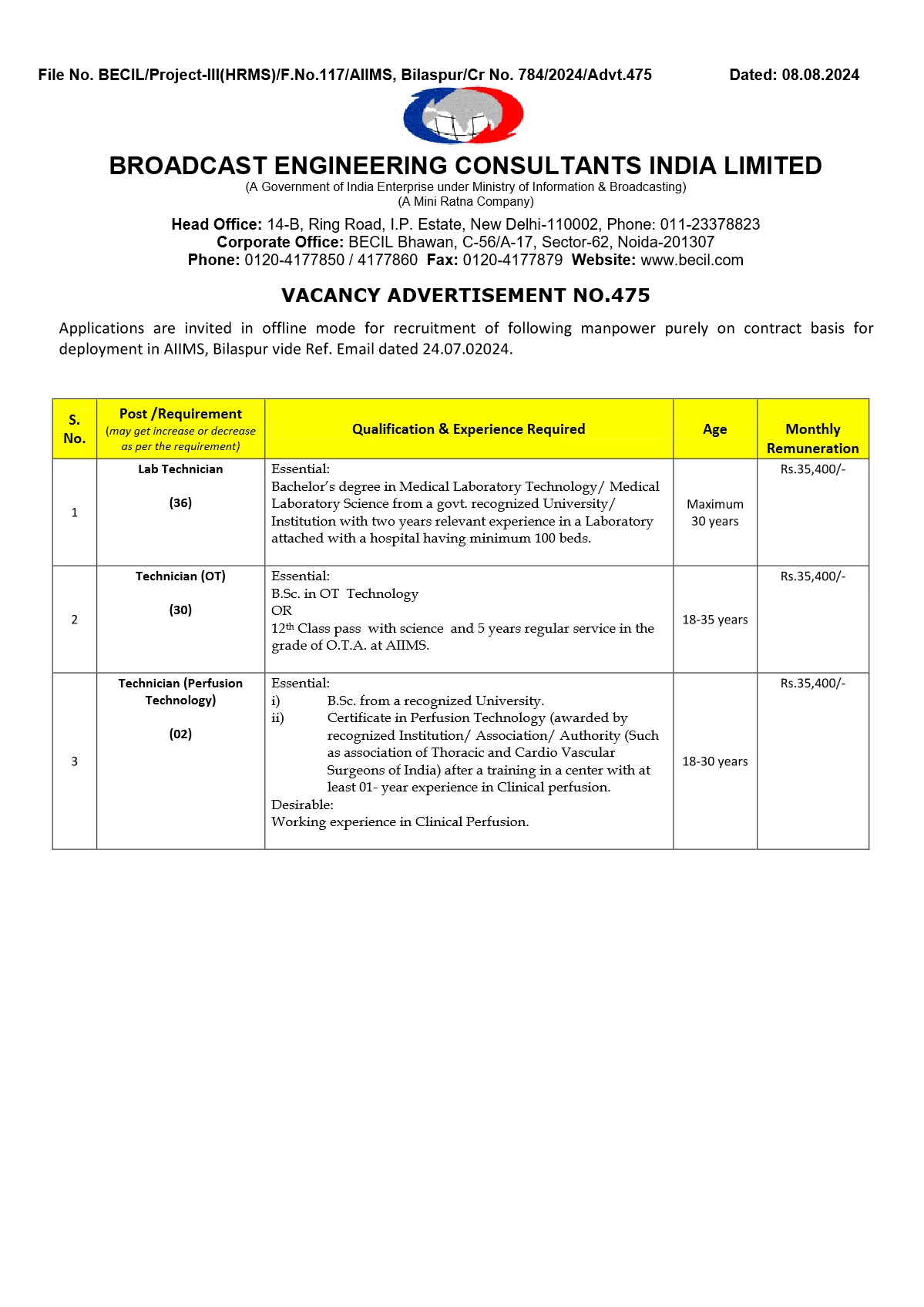 BECIL Recruitment 2024 Notification