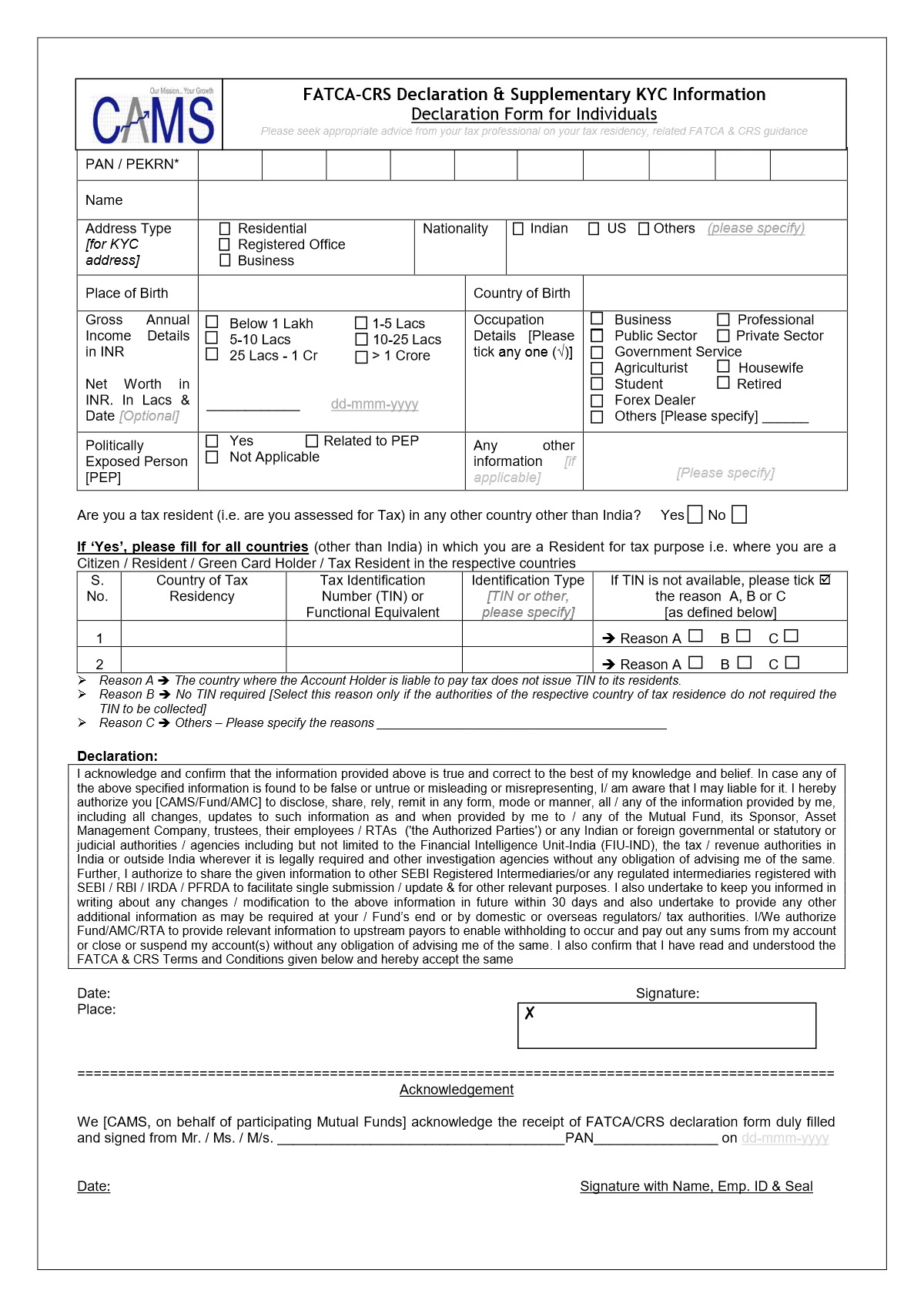 CAMS FATCA Form - 1PDF