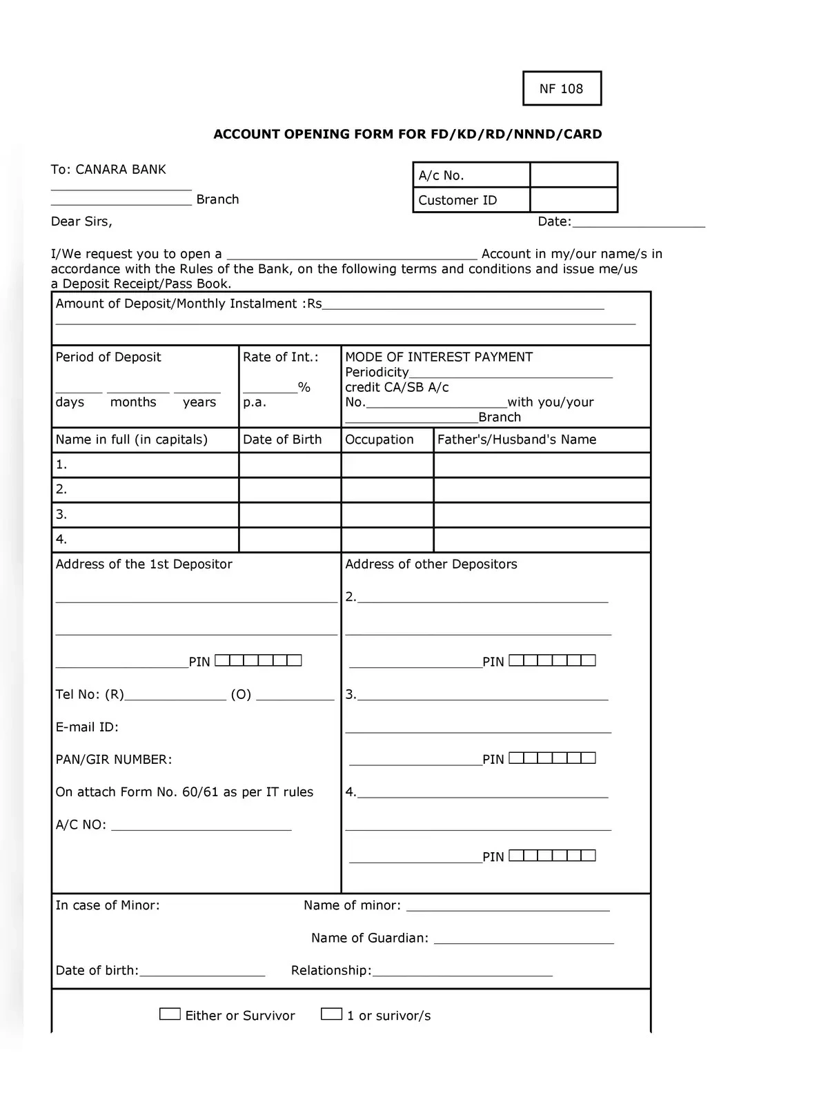 Canara Bank Fixed Deposits Form