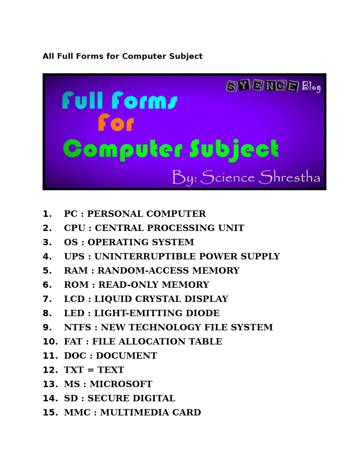 Computer Parts Full Form List