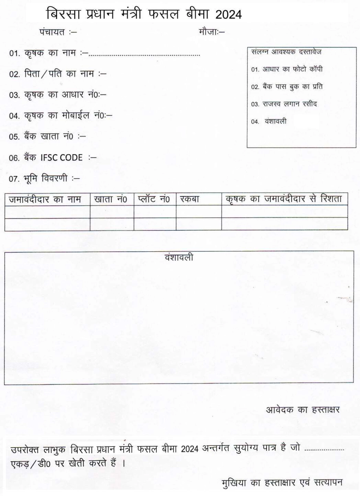 Fasal Bima Yojana Jharkhand 2024 Form