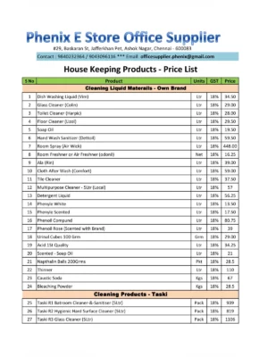 Housekeeping Material List with Price