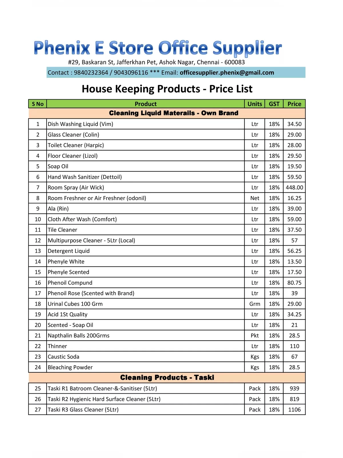 Housekeeping Material List with Price